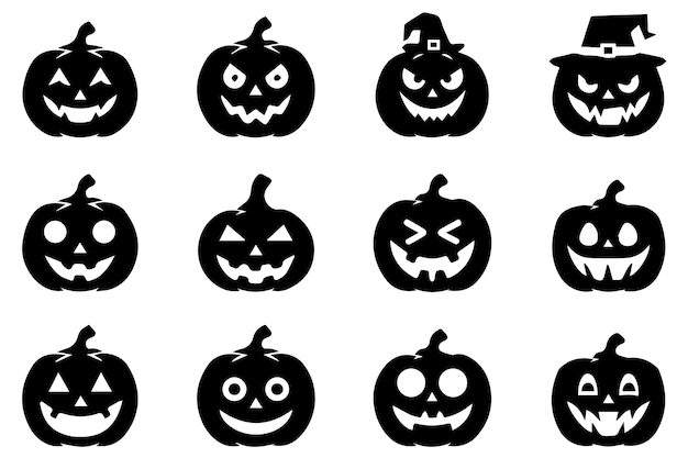 Colecção de ícones vetoriais de silhueta preta da abóbora de Halloween assustadora