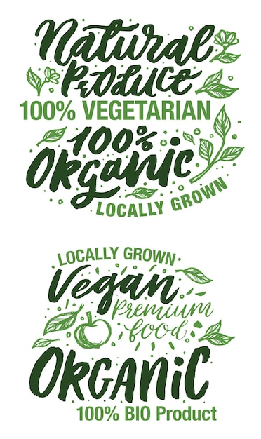 Vetor colecção de logos e elementos de produtos orgânicos produzidos na natureza e veganos cultivados localmente