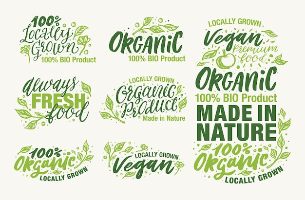 Colecção de logotipos e elementos de produtos orgânicos produzidos na natureza e veganos cultivados localmente