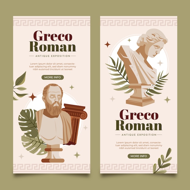 Vetor colecção de modelos de bandeiras verticais greco-romanas planos desenhadas à mão com bustos gregos antigos