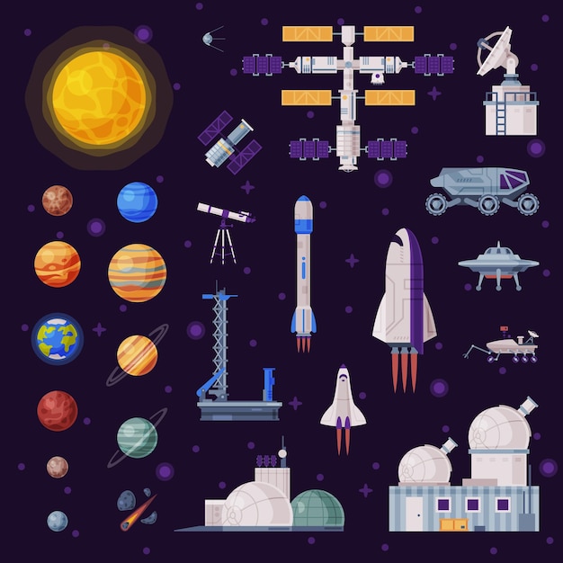 Colecção de objetos espaciais planetas do sistema solar foguetes ônibus rover observatório de satélites artificiais porto espacial indústria espacial conceito ilustração vetorial