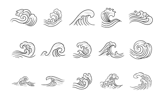 Colecção de ondas desenhadas à mão.