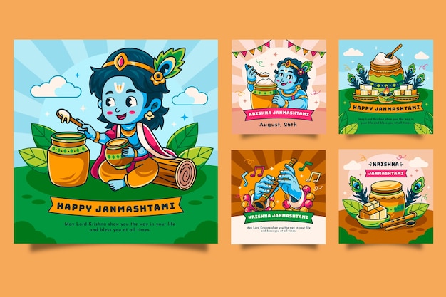 Colecção de postagens de Instagram de Janmashtami desenhadas à mão
