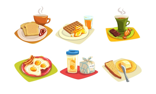 Vetor colecção de pratos clássicos de pequeno-almoço e brunch menu matinal ilustração vetorial
