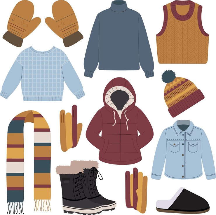 Vetor colecção de roupas de inverno e itens essenciais desenhados à mão