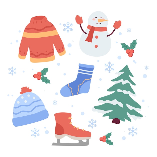 Colecção de roupas de inverno e itens essenciais desenhados à mão