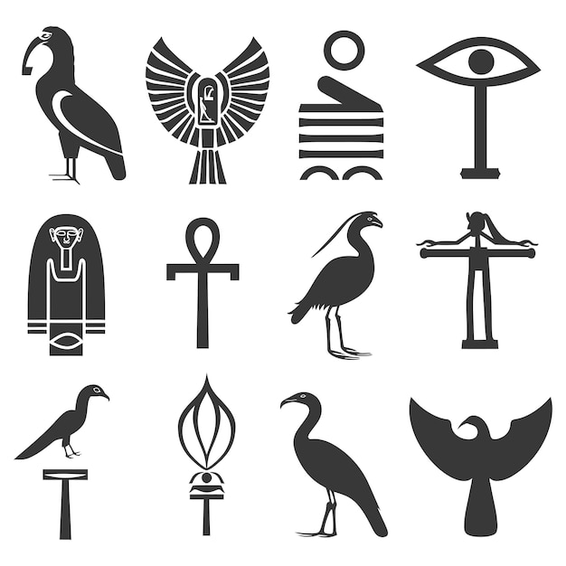 Vetor colecção de silhuetas de hieróglifos egípcios antigos símbolo logotipo cor preta apenas
