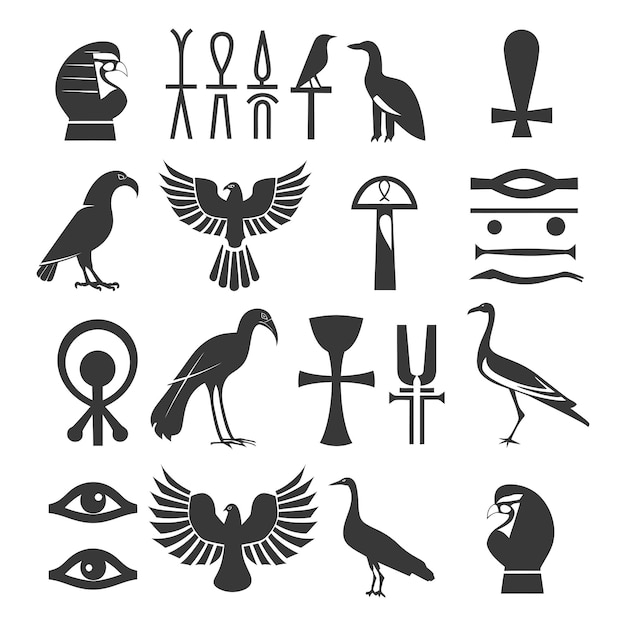 Colecção de silhuetas de hieróglifos egípcios antigos símbolo logotipo cor preta apenas