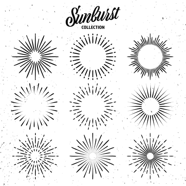 Colecção de sunburst grunge vintage raios de sol explosivos fogos de artifício logotipo ou elemento de design de letras