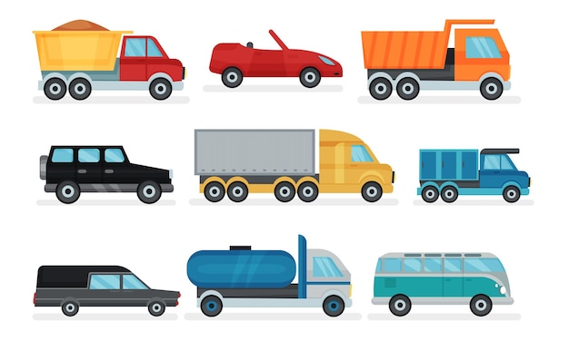 Colecção de Transportes Taxi Carros Veículos Públicos e Camiões de Carga Ilustração vetorial em fundo branco