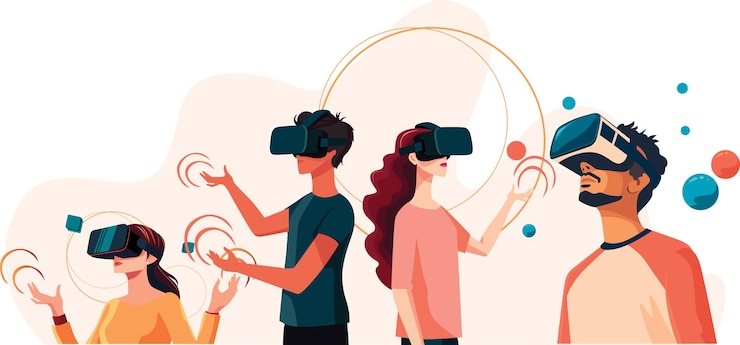 Vetor colecção de vetores planos com jovens usando óculos de realidade virtual