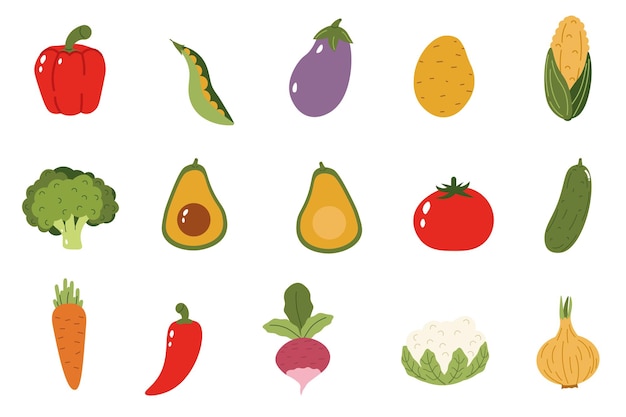 Colecção plana de vários vegetais, incluindo brócolis, tomate e abacate, ideal para uma vida saudável