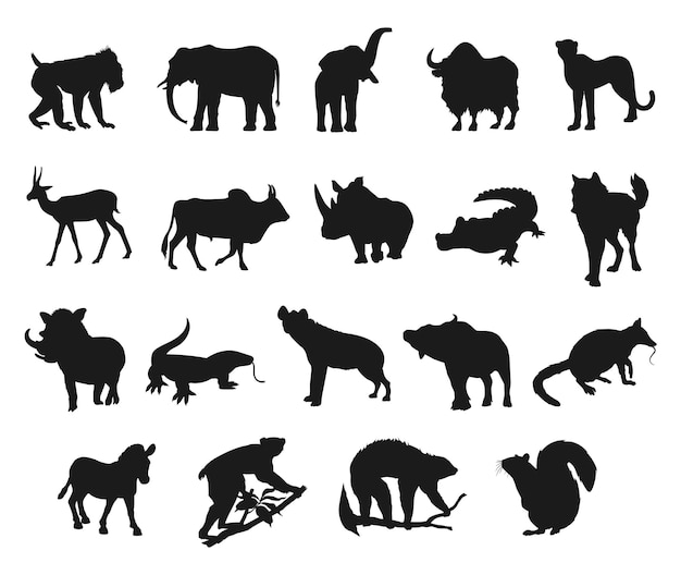 Coleções de animais selvagens vários tipos de silhuetas planas isoladas vetoriais