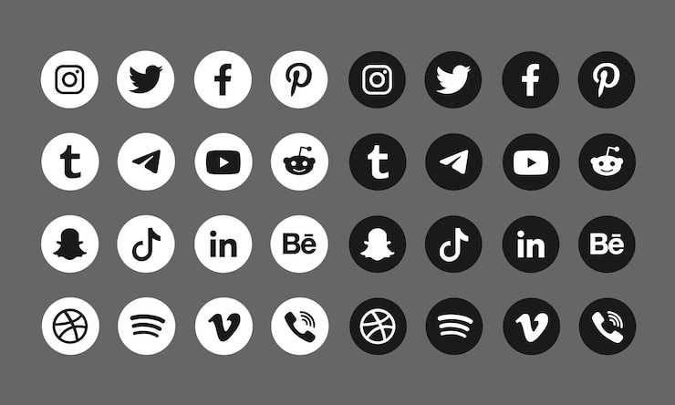 Coleções populares de ícones prateados de mídia social em preto e branco