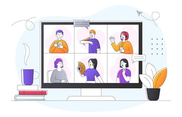 Vetor colegas conversam entre si por videoconferência conferência em linha de funcionários para discutir o projeto