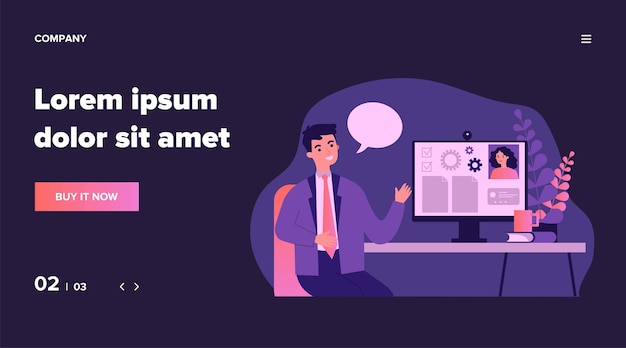 Colegas de trabalho conversando online e discutindo o projeto. App para trabalho, teleconferência, ilustração de fluxo de trabalho. Trabalho em equipe, conceito de bloqueio para banner, site ou página de destino