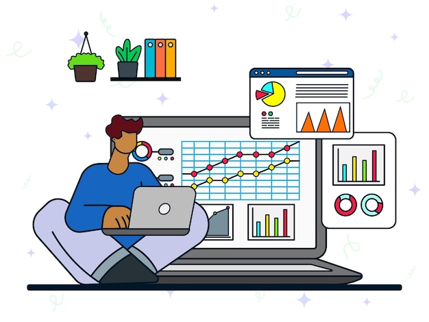 Coleta de dados de negócios conceito Um homem usando laptop para monitorar gráficos de gráficos de banco de dados