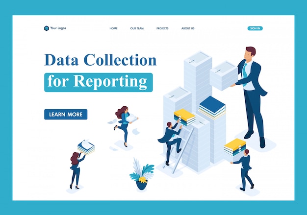 Coleta de dados isométricos para relatórios, empresa de auditoria no período fiscal landing page