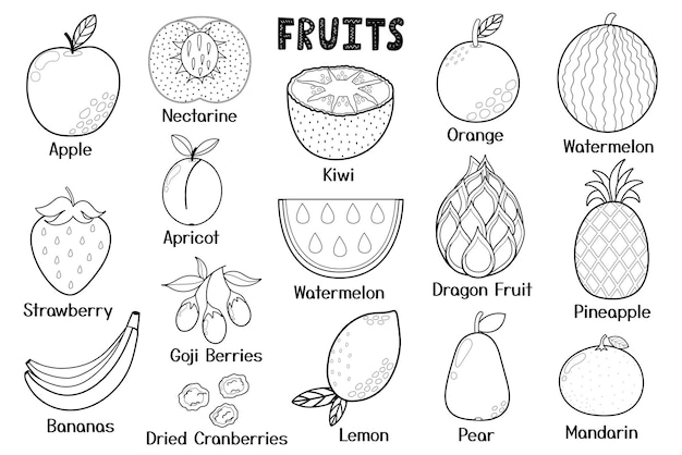 Coleta de frutas em preto e branco elementos isolados de alimentos saudáveis ótimo para colorir receitas de páginas