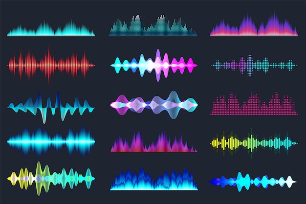 Coleta de ondas sonoras coloridas sinal de áudio analógico e digital música equalizador interferência voz