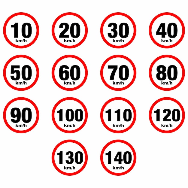 Coleta de sinais de limite de velocidade máxima 10, 20, 30, 40, 50, 60, 70, 80, 90, 100, 110, 120, 130, 14
