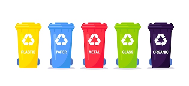 Coleta, segregação e reciclagem de resíduos. O lixo é separado em diferentes tipos e coletado em recipientes de lixo. Cada caixa para material diferente