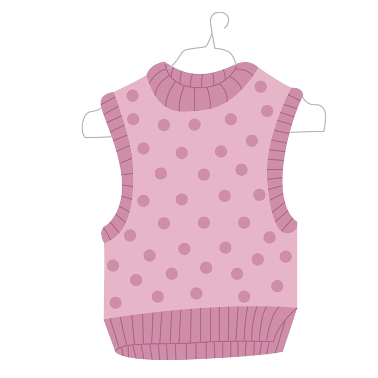 Vetor colete de malha quentinho. produto de ombro em um cabide amarrado à mão. colete rosa quente para o inverno frio.