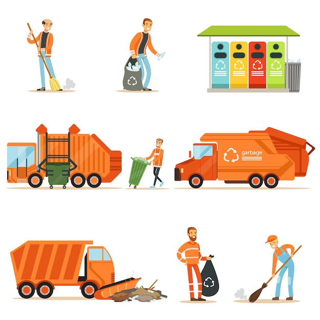 Coletor de lixo no trabalho Conjunto de ilustrações com sorridente reciclagem e trabalhador de coleta de lixo