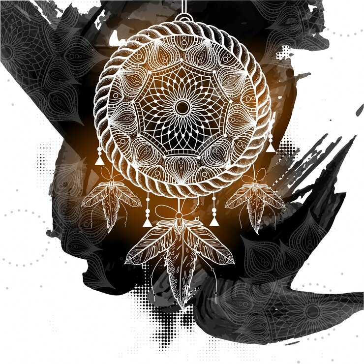 Vetor coletor de sonhos estilo boho com padrão floral tribal étnico no fundo abstratos dos pincelados negros.