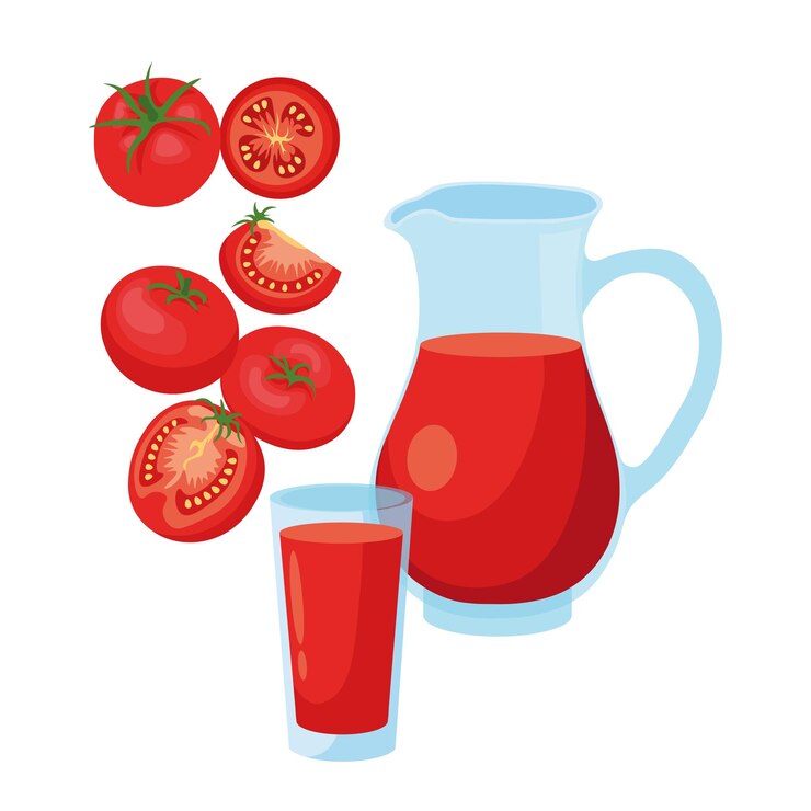Vetor colheita de tomates isolados em fundo branco jarro de vidro e copo com sumo de tomate