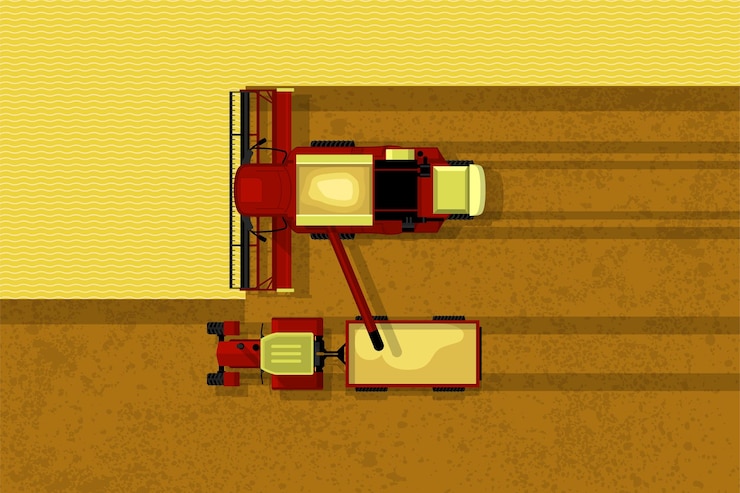 Vetor colheitadeira de grãos combinar vista superior da colheitadeira e trator com reboque no campo trabalho do agricultor e vetor de máquinas agrícolas de colheita