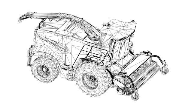 Colheitadeira moderna em um fundo branco. Linhas abstratas do vetor criativo conectadas a pontos.