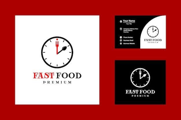 Colher e garfo de relógio simples para o sentido horário com design vetorial de ícone de logotipo de fast food de letras