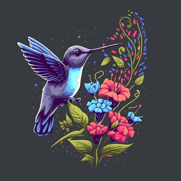 Colibri colorido voando sobre o mascote de ilustração do logotipo da flor