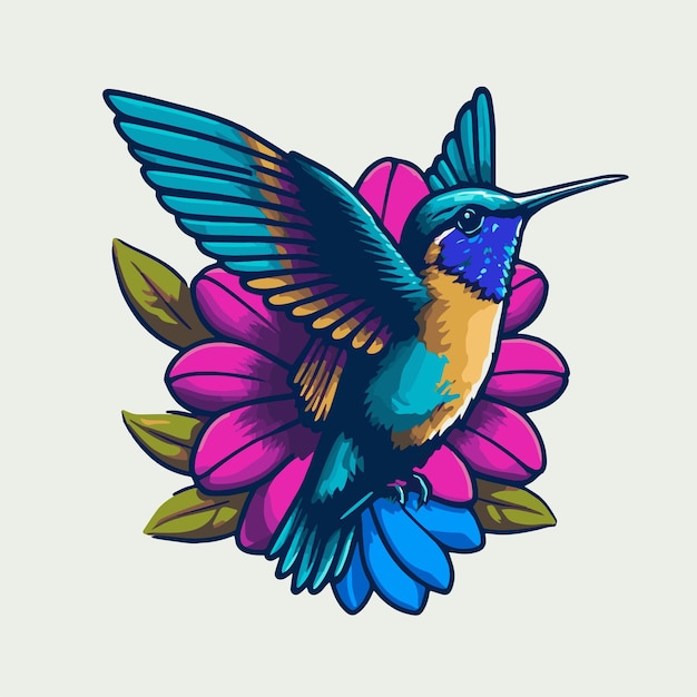 Vetor colibri colorido voando sobre o mascote de ilustração do logotipo da flor