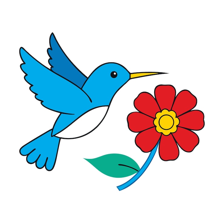 Vetor colibri pairando perto de uma polinização de flor vermelha e ilustração da natureza