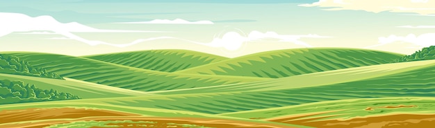 Colinas verdes dominam vastos prados e campos.