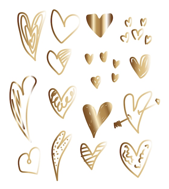 Vetor collection of gold doodle hearts in different shapes and sizes
