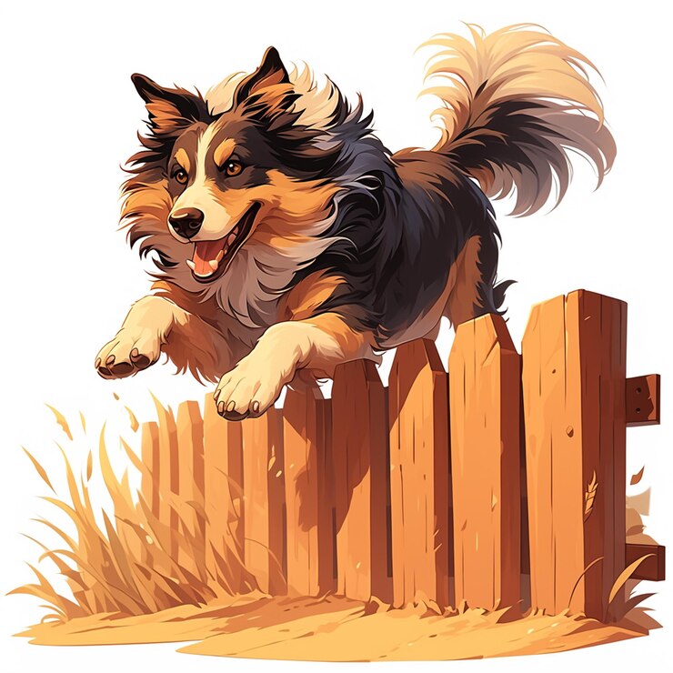 Vetor collie correndo ao longo de uma cerca