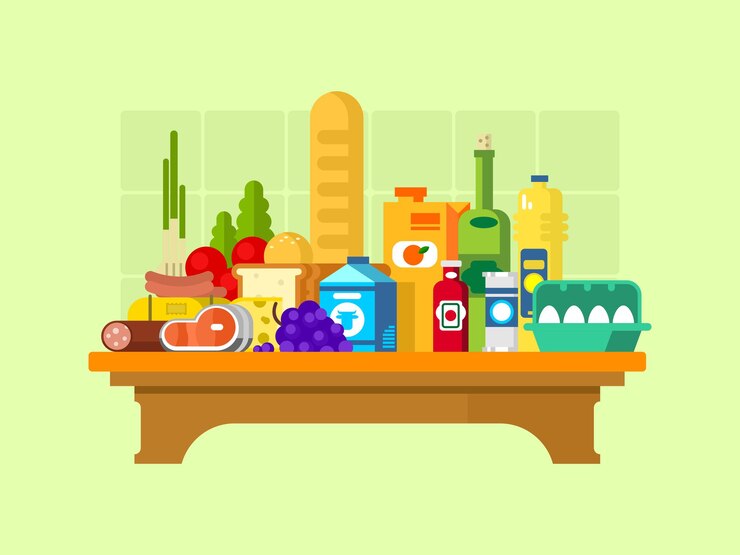 Vetor coloque a comida na mesa. vinho e uvas, leite e salsicha, pão e suco, óleo e ovos, ilustração vetorial