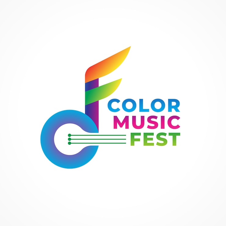 Vetor color music fest colorido abstrato nota musical com cordas ilustração vetorial letra cf alfabeto inicial conceito de design do logotipo verde azul rosa roxo violeta amarelo laranja multicolor gradiente