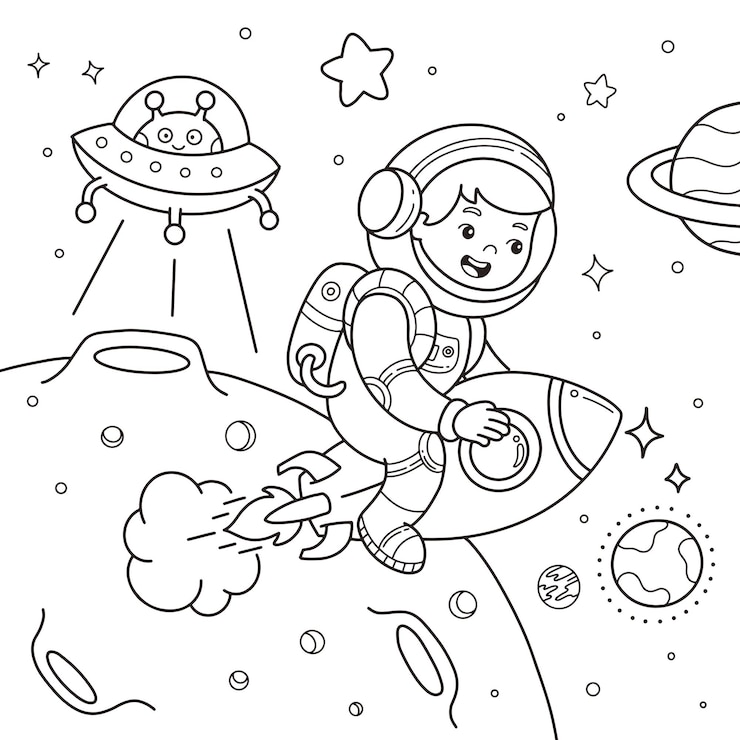 Vetor coloração de crianças astronauta em um traje espacial com o planeta e uma nave alienígena