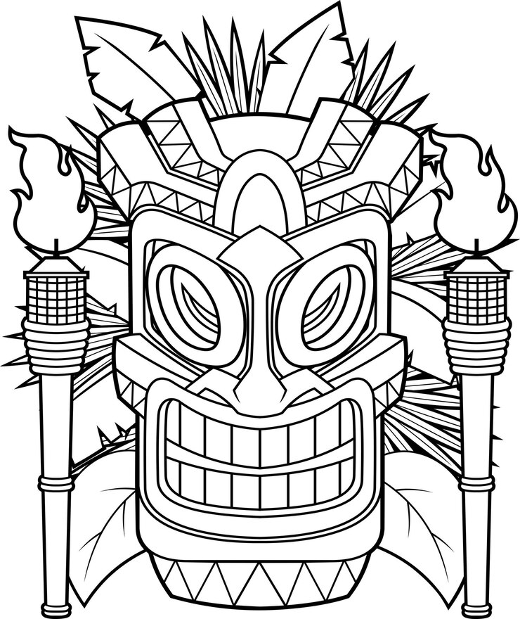 Vetor coloração de máscara de tiki sorridente com tochas e folhas