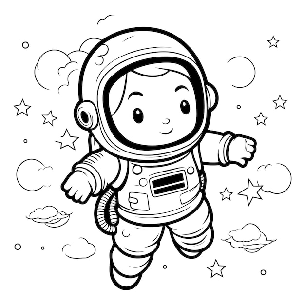 Vetor coloração de páginas de desenho animado de personagens de astronautas ilustração vetorial