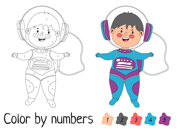 Coloração engraçada por números para colorir jogo educacional Ilustração vetorial para colorir por números jogo educacional com astronauta de desenho animado para crianças Astronauta de menino
