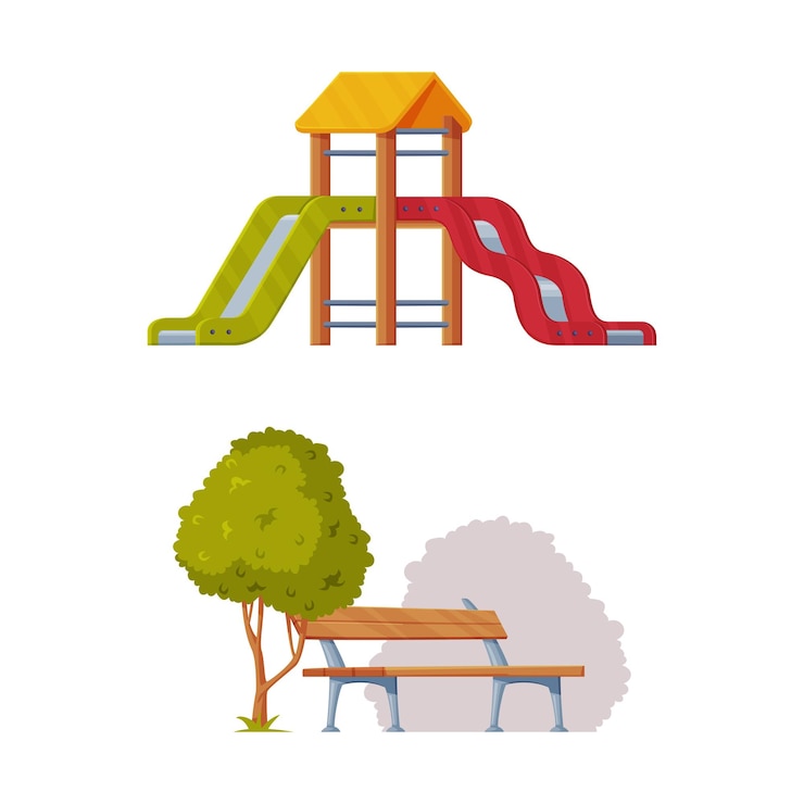 Vetor colorido slide de madeira com escada e banco no playground vector set de ilustração