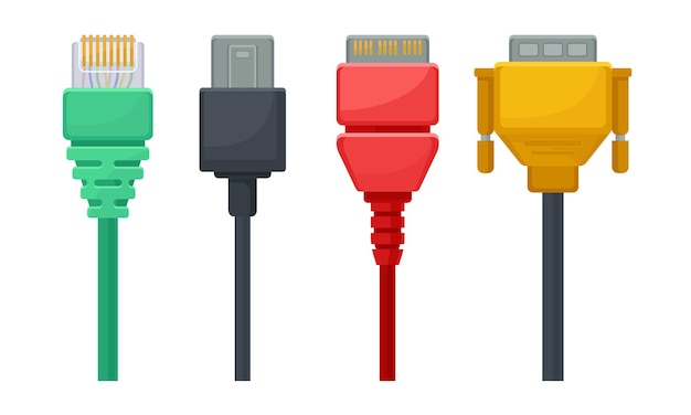 Coloridos cabos usb conjunto vetorial cabos elétricos coleção dispositivo conceito de conexão