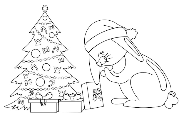 Colorindo com coelho bonito dos desenhos animados com presente perto da árvore de natal