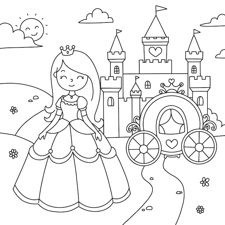 Vetor colorindo paisagem linda princesa com uma carruagem perto do castelo