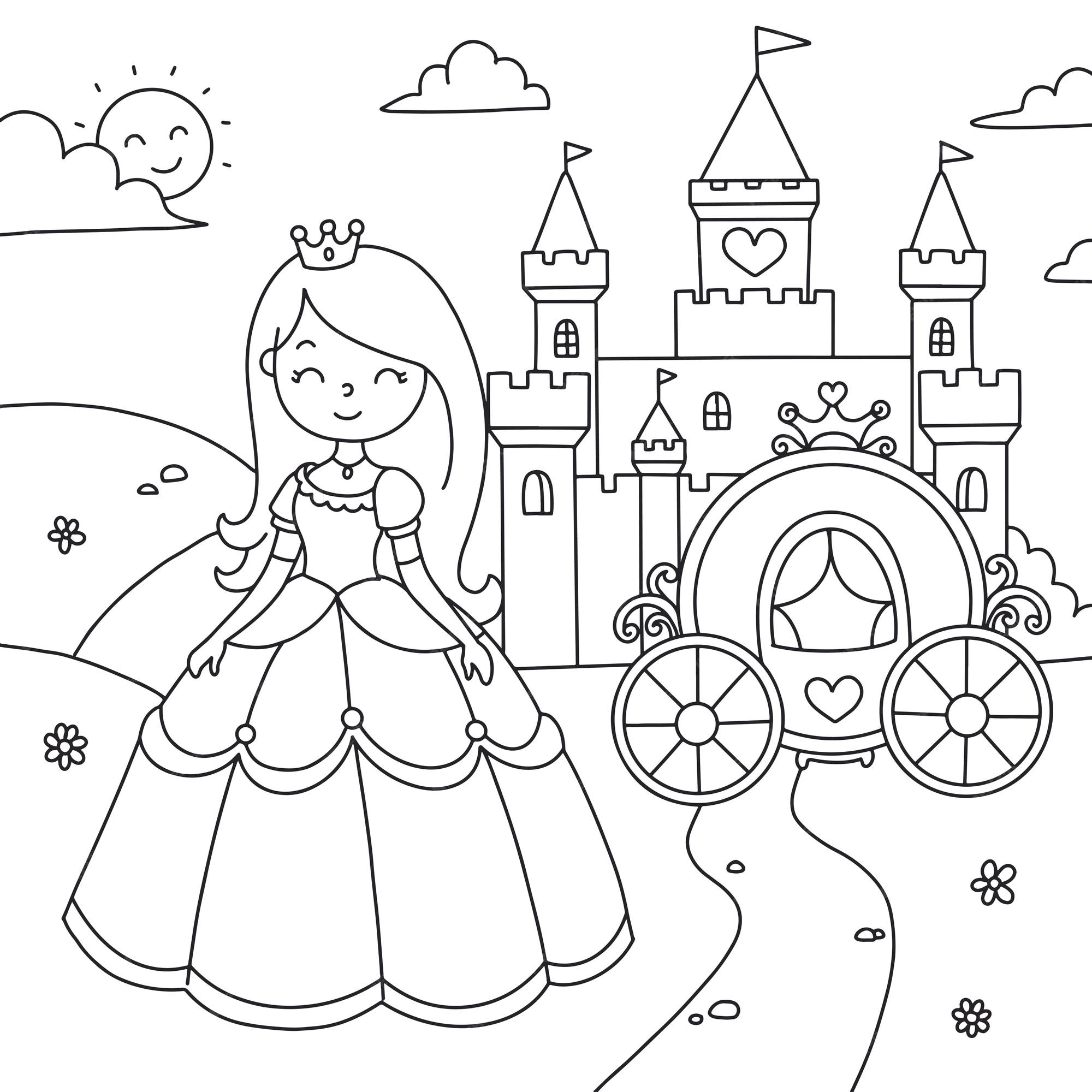 Desenho de princesa linda no castelo para colorir